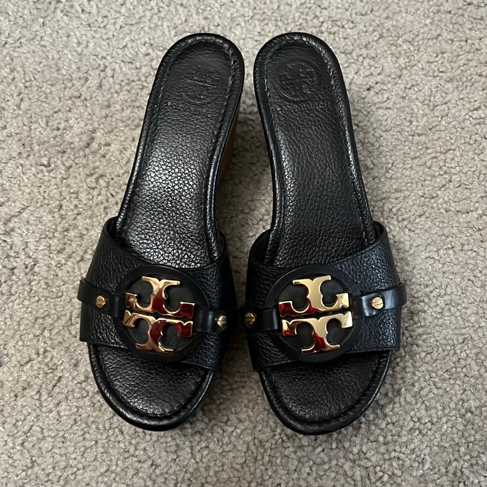 Tory Burch Black Leather Slide Wedges with Gold Logo Medallions